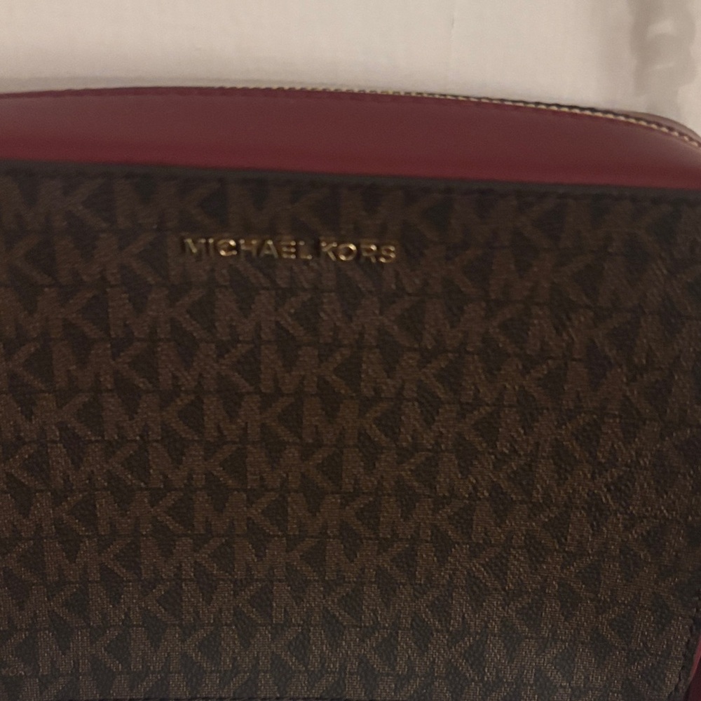 Michael Kors Brown & Burgundy MK Signature Crossbody with Tassel